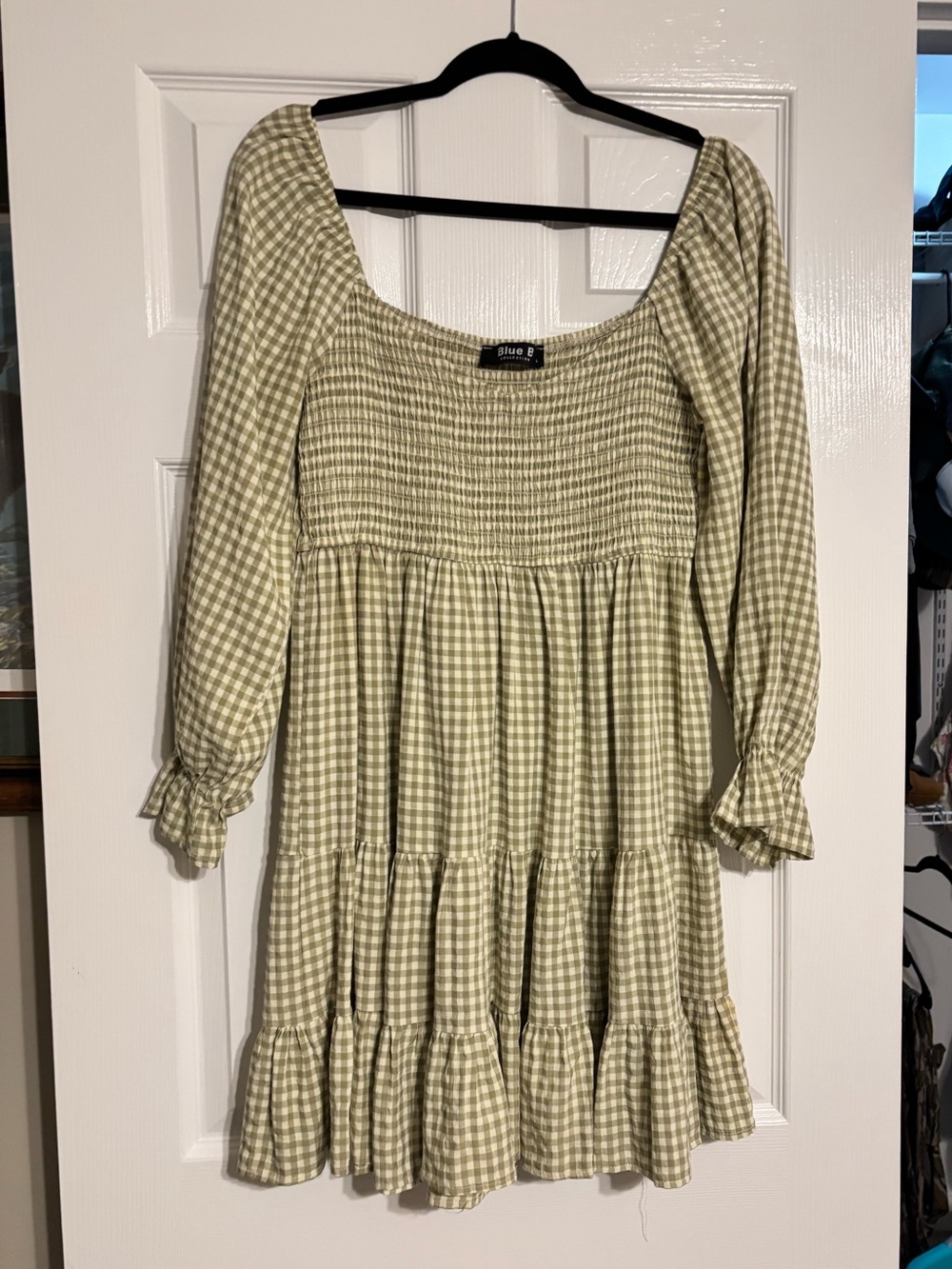 Gingham Smocked Sage Green Long Sleeve Dress